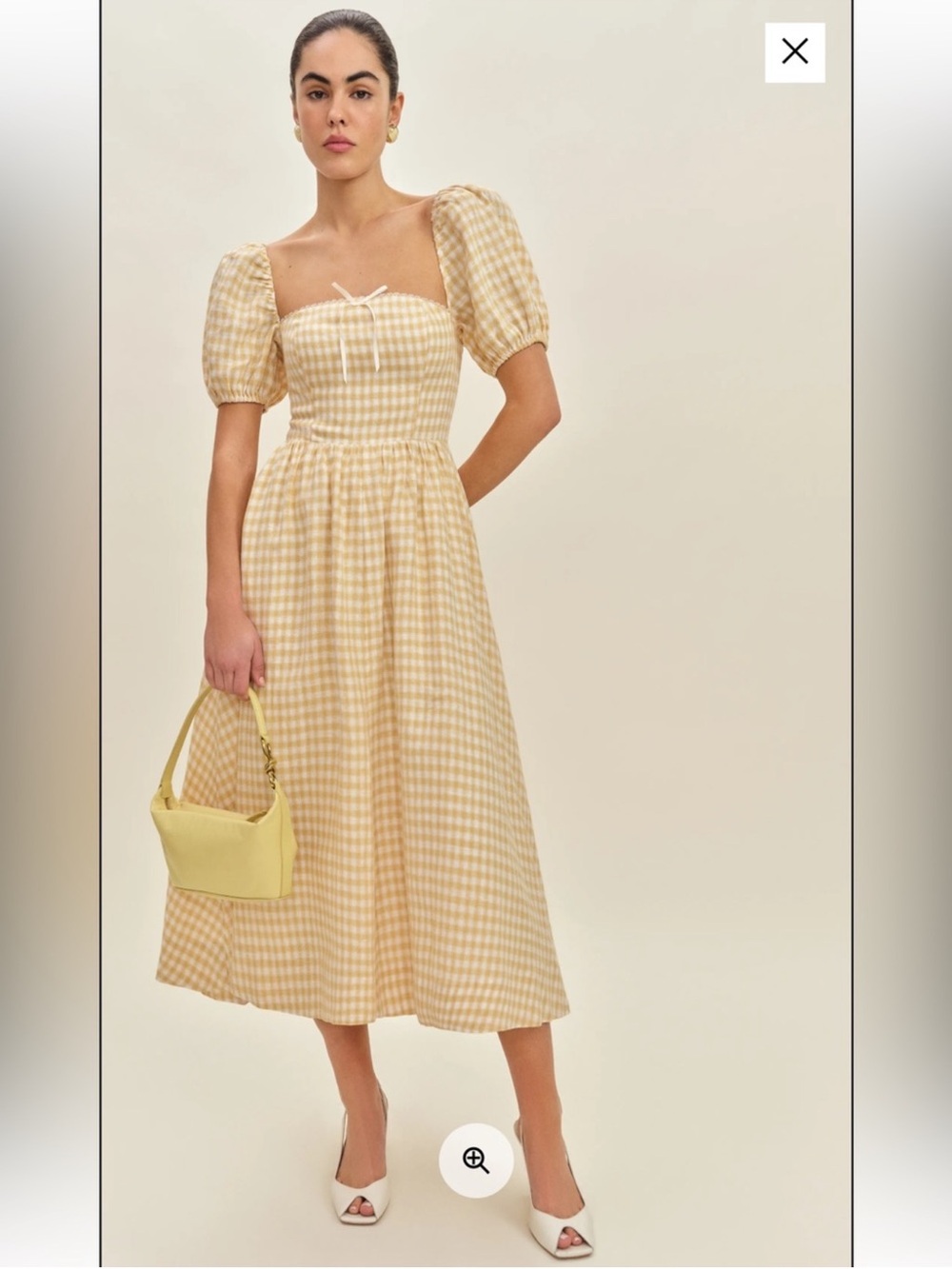 Reformation Marella Puff-Sleeve Gingham Midi Dress in Pale Yellow